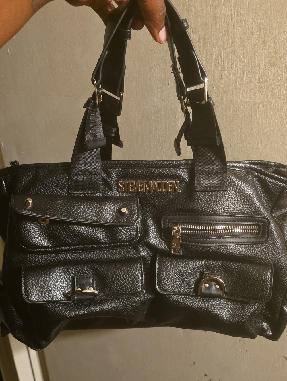 Steve Madden Black Faux Leather Duffel Bag with Gold Hardware